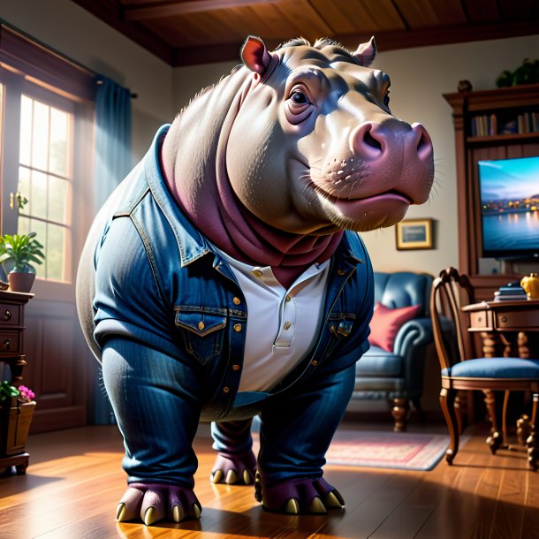 Image of a hippopotamus in a jeans in the house