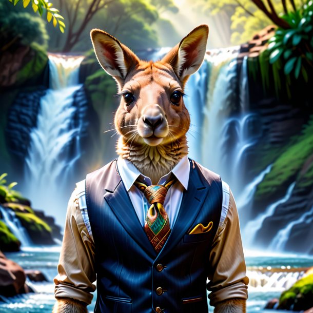 Photo of a kangaroo in a vest in the waterfall