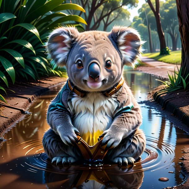 Drawing of a koala in a belt in the puddle