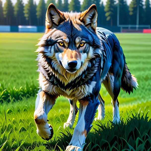 Picture of a wolf in a jeans on the field