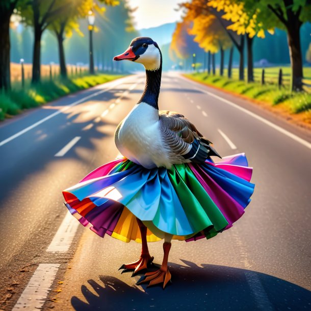 Picture of a goose in a skirt on the road