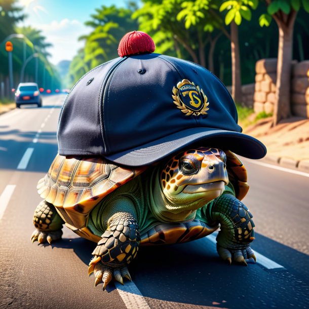 Picture of a tortoise in a cap on the road