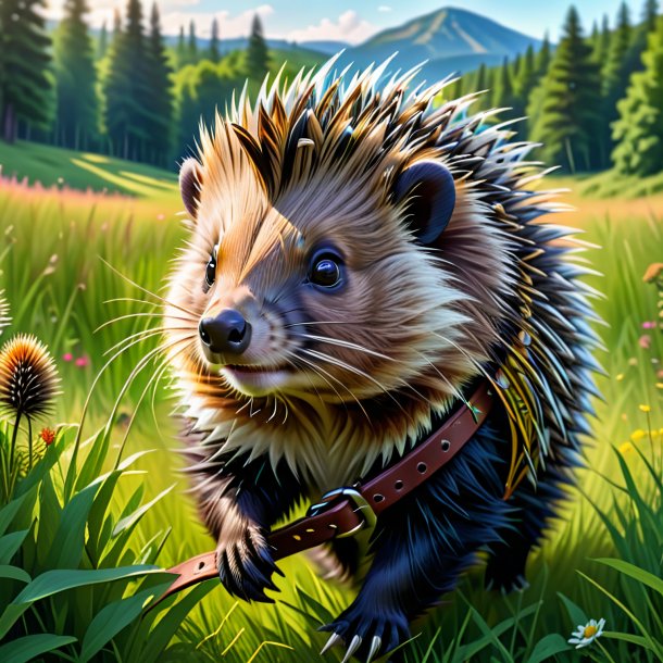 Drawing of a porcupine in a belt in the meadow