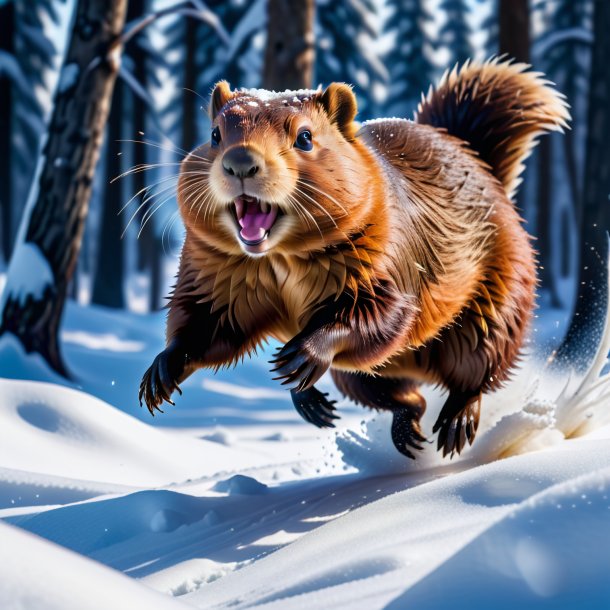 Picture of a jumping of a beaver in the snow