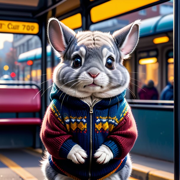 Imagem de uma chinchilas em um suéter no ponto de ônibus