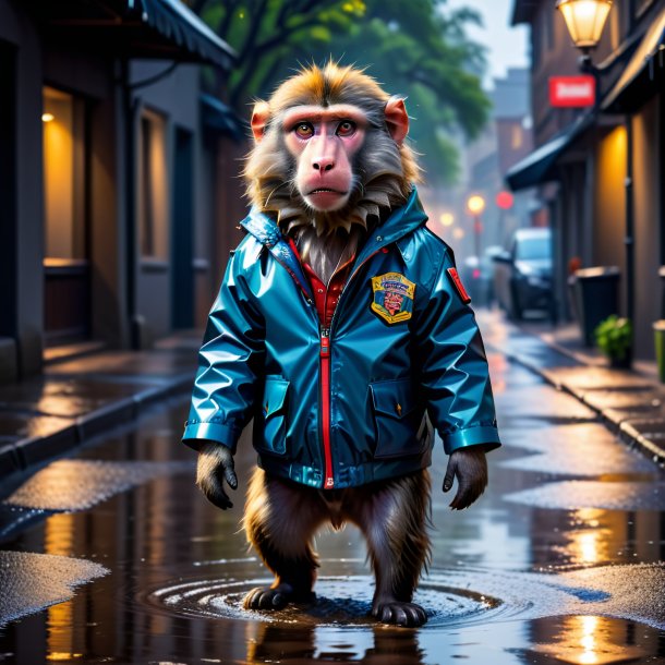 Photo of a baboon in a jacket in the puddle