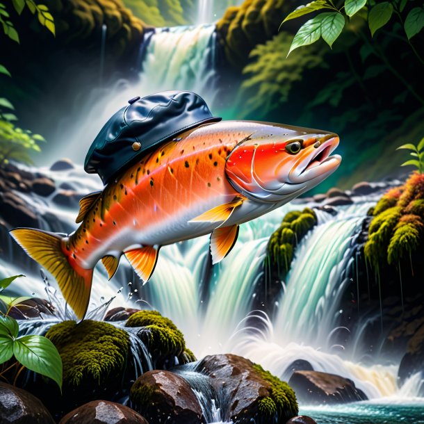 Photo of a salmon in a cap in the waterfall