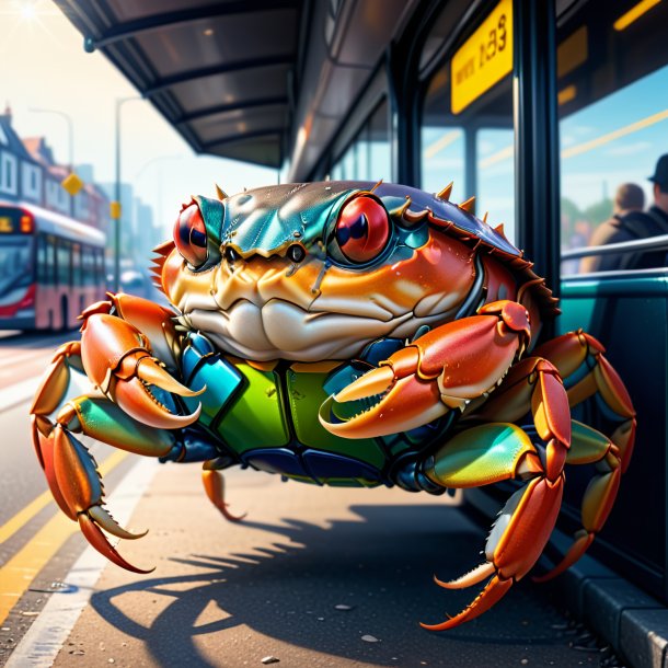 Illustration d'un crabe dans un gilet sur l'arrêt de bus