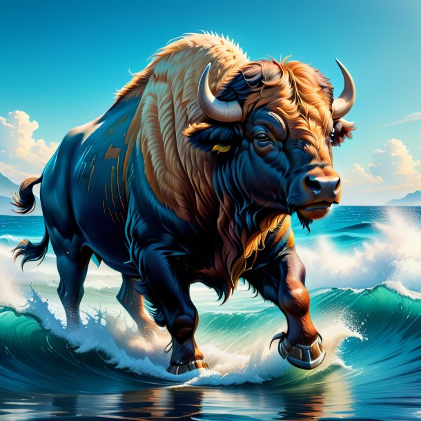 Illustration of a buffalo in a jeans in the sea