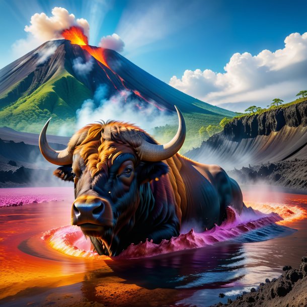 Image d'une baignade d'un bison dans le volcan