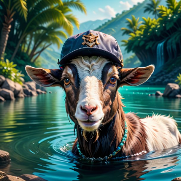 Image of a goat in a cap in the water