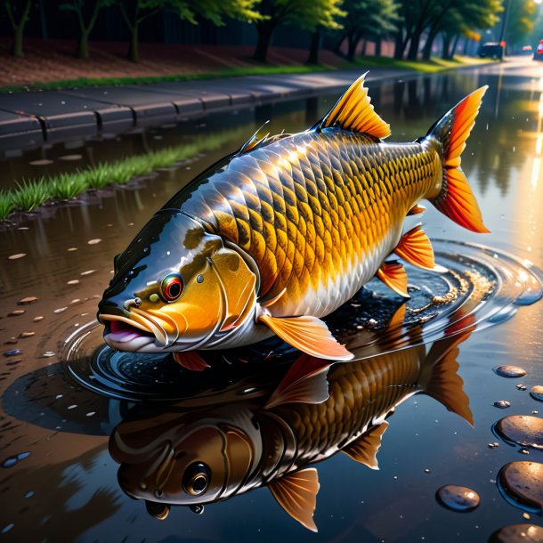 Drawing of a carp in a jacket in the puddle