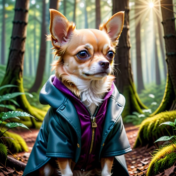 Photo of a chihuahua in a coat in the forest