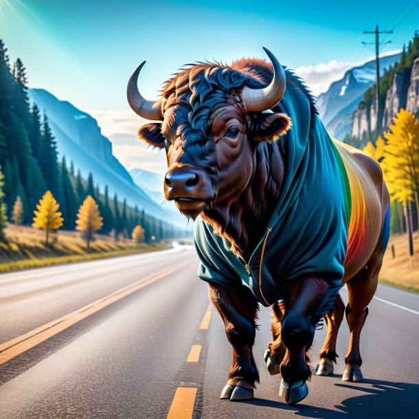 Photo of a buffalo in a hoodie on the road