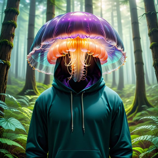 Picture of a jellyfish in a hoodie in the forest