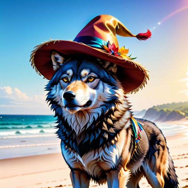 Foto de un lobo en un sombrero en la playa