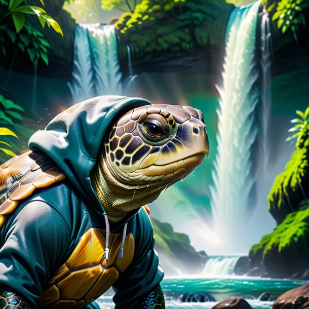 Imagen de una tortuga en una sudadera con capucha en la cascada