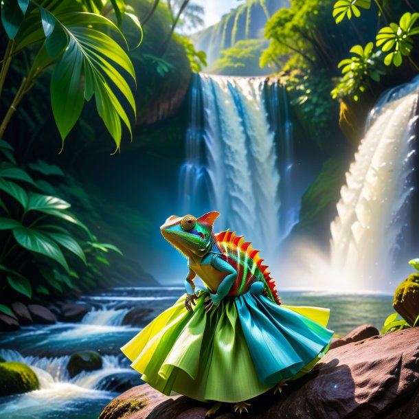 Photo of a chameleon in a skirt in the waterfall