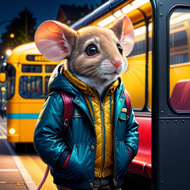 Illustration d'une souris dans une veste sur l'arrêt de bus