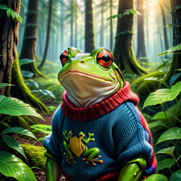 Image d'une grenouille dans un pull dans la forêt