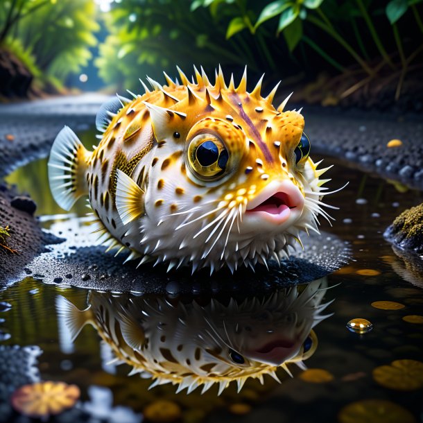 Pic of a eating of a pufferfish in the puddle