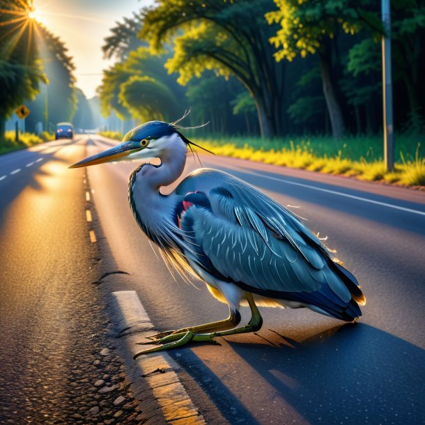 Image of a sleeping of a heron on the road