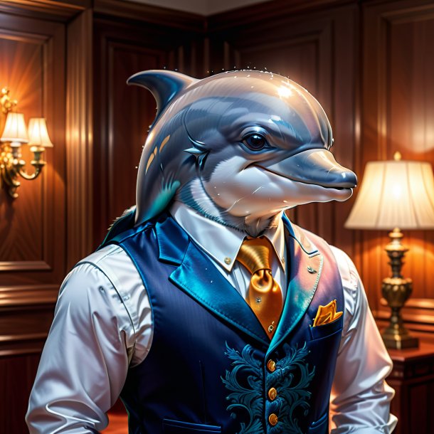 Drawing of a dolphin in a vest in the house