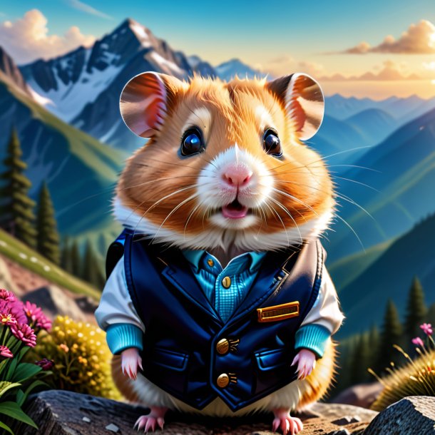 Dessin d'un hamster dans un gilet dans les montagnes