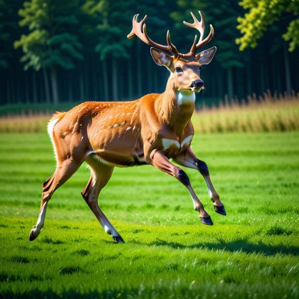 Pic of a jumping of a deer on the field