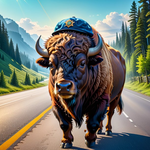 Illustration of a bison in a cap on the road