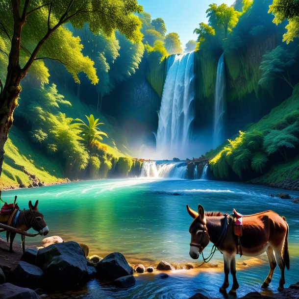 Photo of a waiting of a donkey in the waterfall