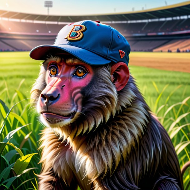 Drawing of a baboon in a cap on the field