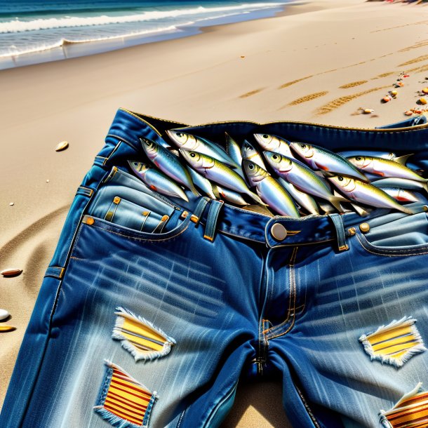 Imagem de uma sardinha em um jeans na praia