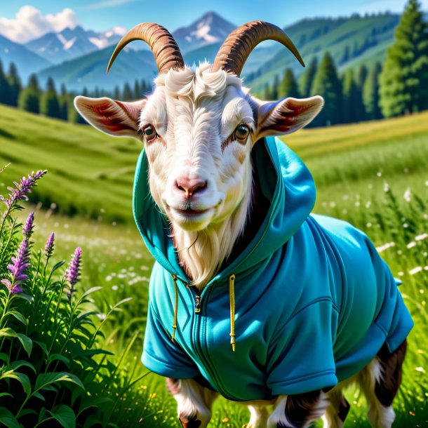 Pic of a goat in a hoodie in the meadow