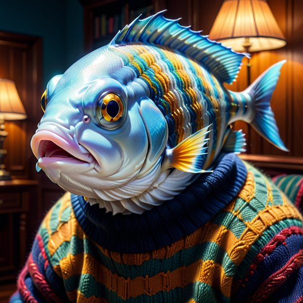 Drawing of a fish in a sweater in the house