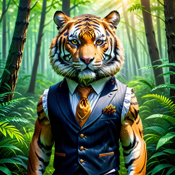 Imagem de um tigre em um colete na floresta