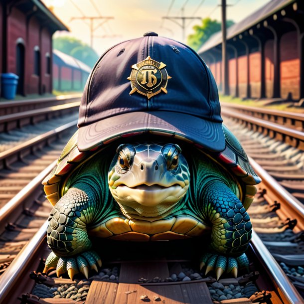 Drawing of a turtle in a cap on the railway tracks