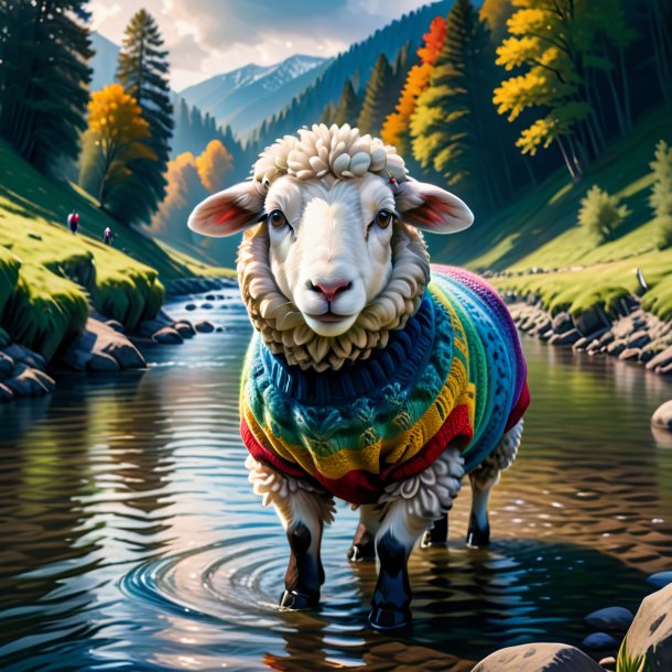 Illustration of a sheep in a sweater in the river