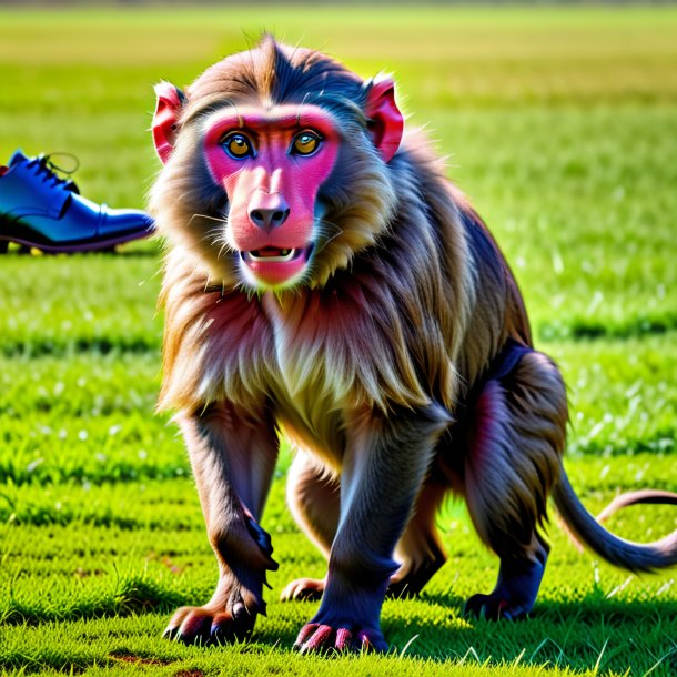 Foto de um babuíno em um sapatos no campo