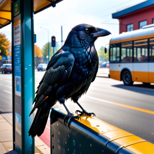 Pic of a crow in a belt on the bus stop