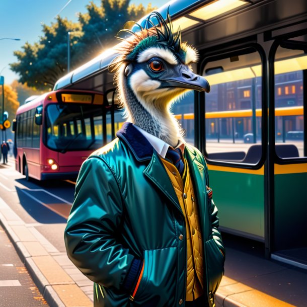 Desenho de uma emu em uma jaqueta no ponto de ônibus