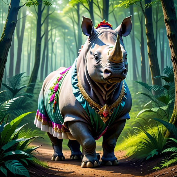 Picture of a rhinoceros in a dress in the forest