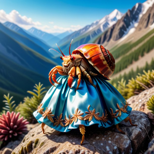 Picture of a hermit crab in a dress in the mountains