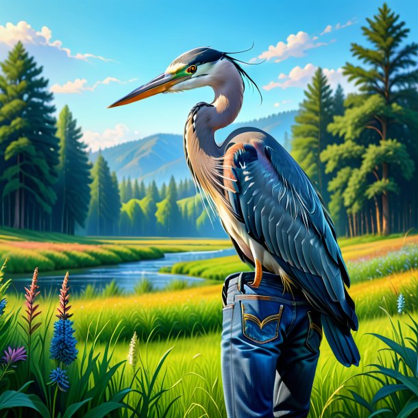 Drawing of a heron in a jeans in the meadow