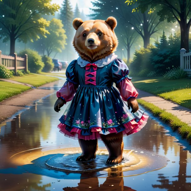 Illustration of a bear in a dress in the puddle