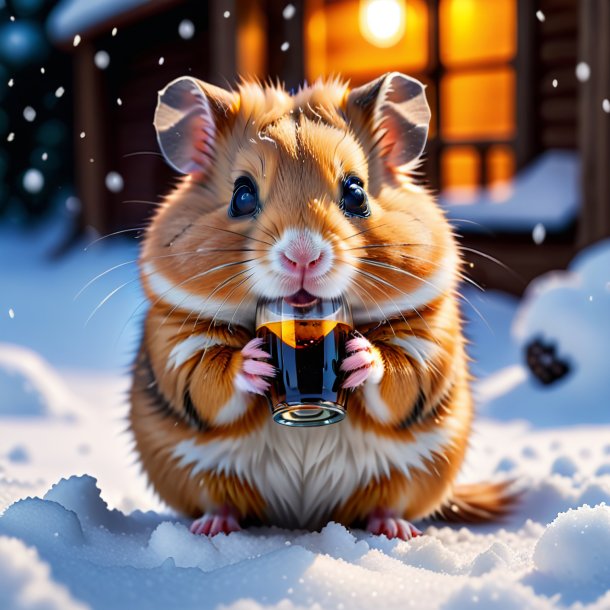 Uma foto de um hamster bebendo na neve