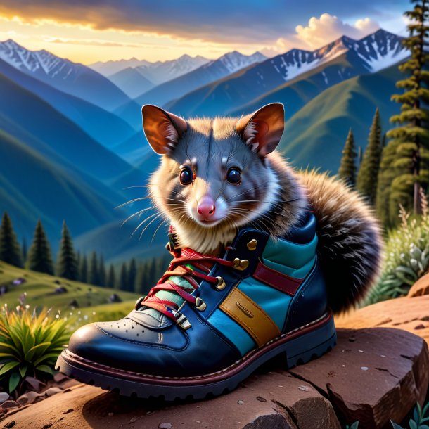 Pic d'un opossum dans une chaussure dans les montagnes