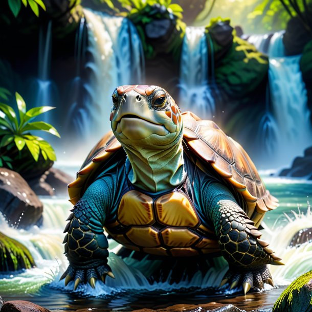 Image of a tortoise in a vest in the waterfall