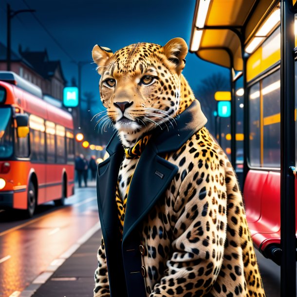 Image of a leopard in a coat on the bus stop