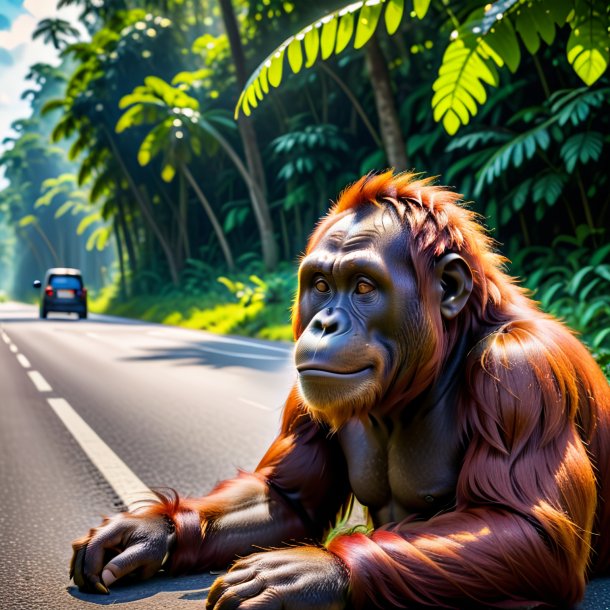 Photo of a resting of a orangutan on the road